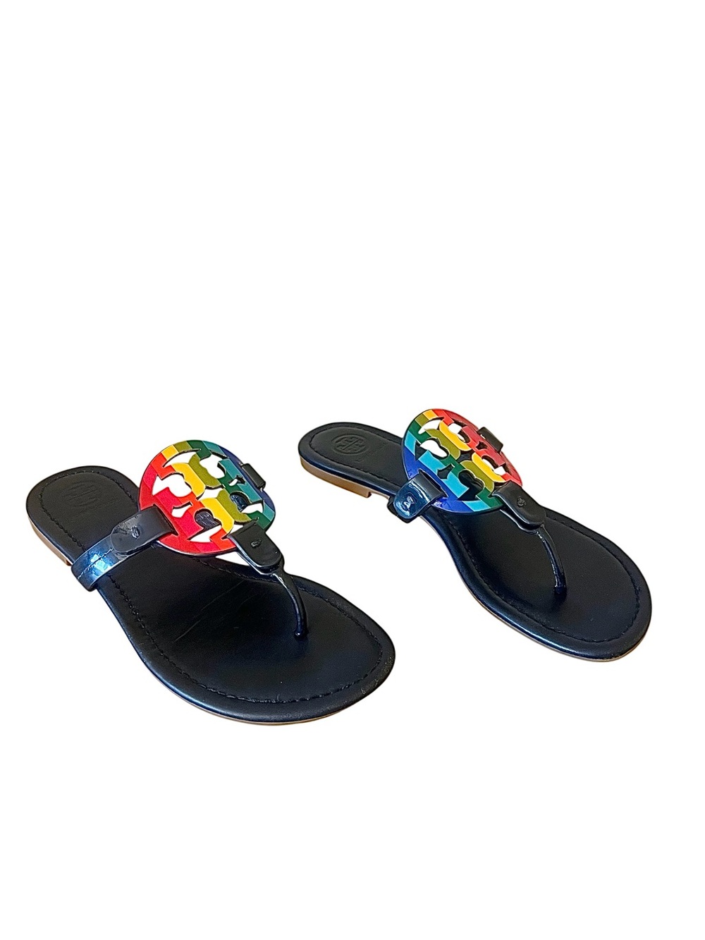 Tory Burch Miller patent leather rainbow navy leather thong sandals sz 7